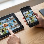 Persona usando smartphone y tablet Samsung sincronizados en escritorio minimalista