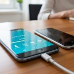 Smartphone Android nuevo junto a iPhone viejo en escritorio moderno