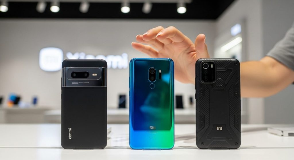 Tres smartphones modernos en mostrador con logo de Xiaomi visible