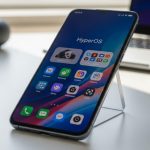 Xiaomi smartphone mostrando HyperOS sobre un escritorio minimalista