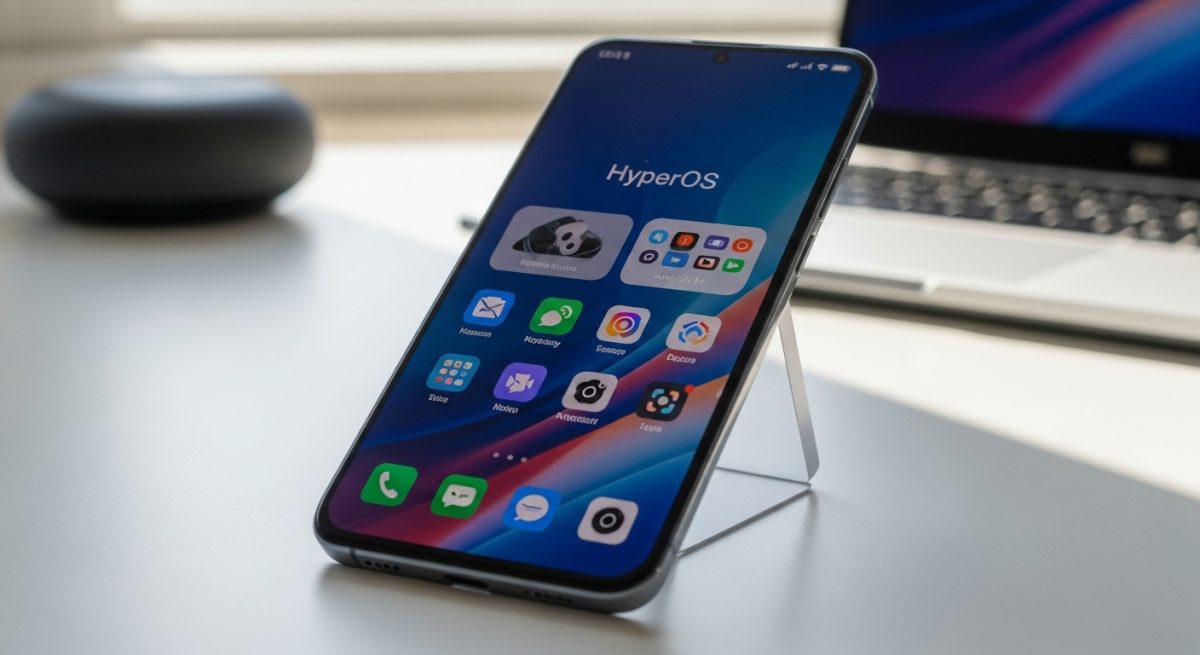 Xiaomi smartphone mostrando HyperOS sobre un escritorio minimalista