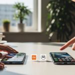 Dos teléfonos Xiaomi y Motorola en escritorio iluminado para comparación