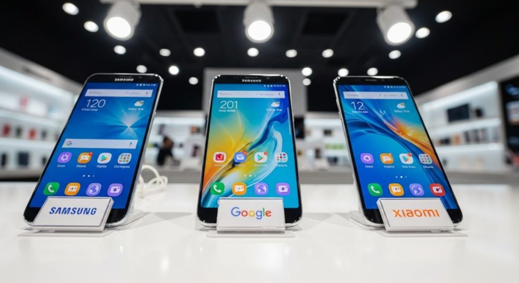 Exposición de tres smartphones Android de Samsung Google y Xiaomi