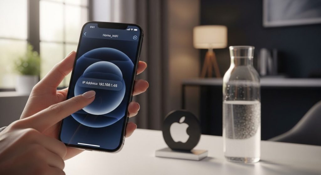 iPhone 15 en oficina muestra IP WiFi y Apple logo