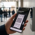 Mano sosteniendo un smartphone Samsung Galaxy frente a lector NFC