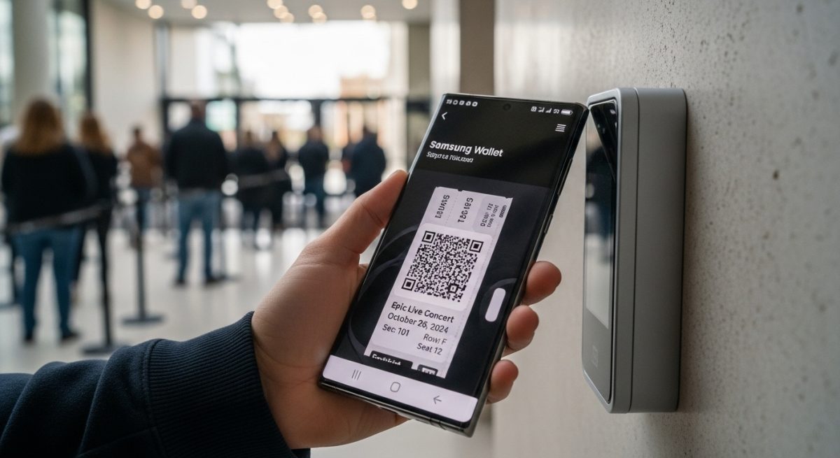 Mano sosteniendo un smartphone Samsung Galaxy frente a lector NFC