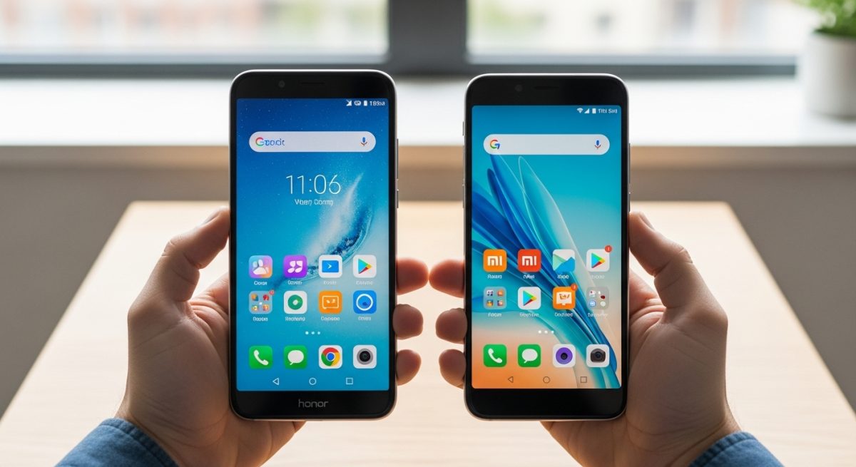Manos sosteniendo un Honor y un Xiaomi sobre una mesa