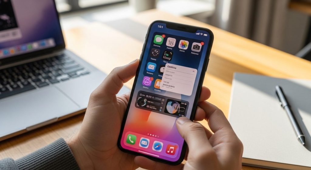 Manos sosteniendo un iPhone 11 con pantalla de iOS 18
