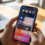 Manos sosteniendo un iPhone 11 con pantalla de iOS 18