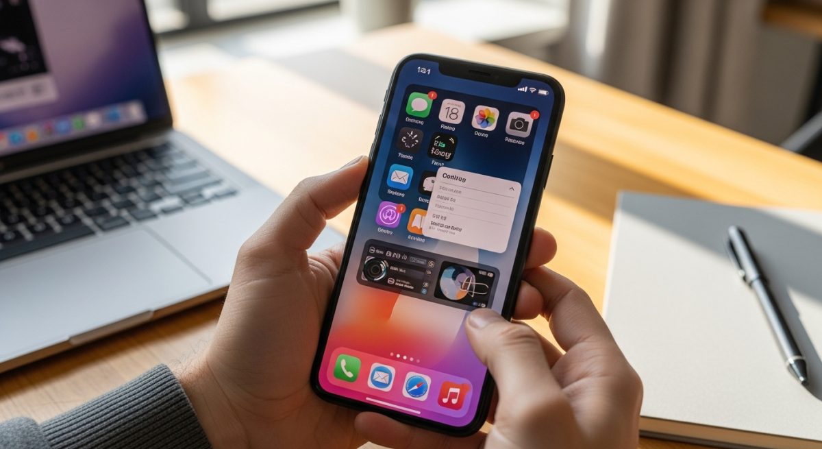 Manos sosteniendo un iPhone 11 con pantalla de iOS 18