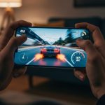 Manos sosteniendo un iPhone 13 jugando un videojuego de carreras