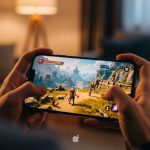 Manos sosteniendo un iPhone con un emocionante juego de fantasía