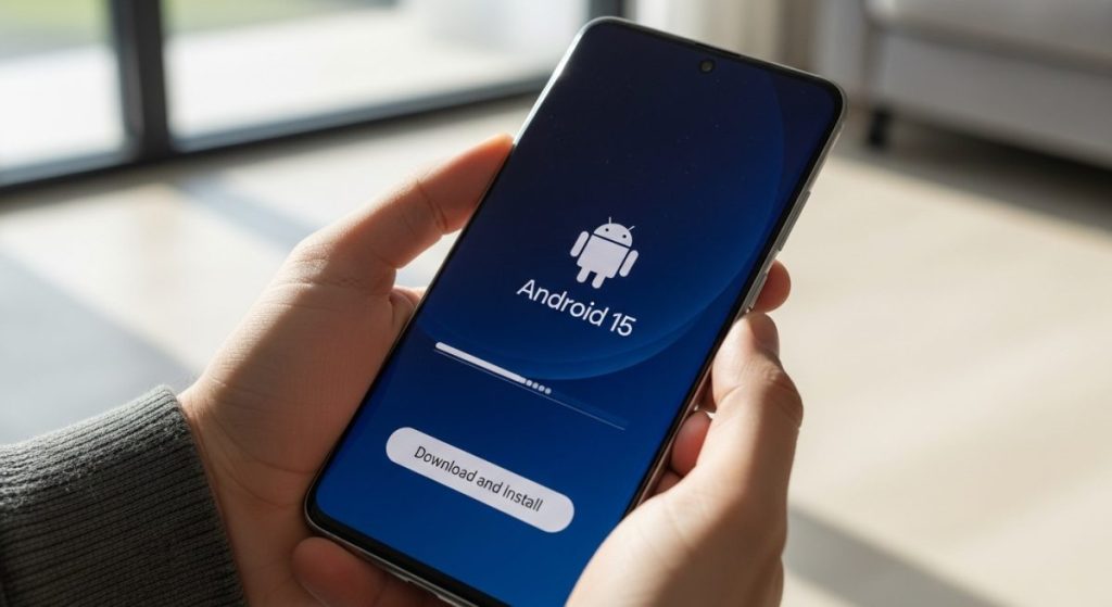 Manos sosteniendo un Samsung Galaxy mostrando Android 15 en pantalla
