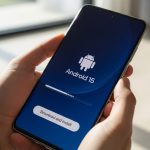 Manos sosteniendo un Samsung Galaxy mostrando Android 15 en pantalla