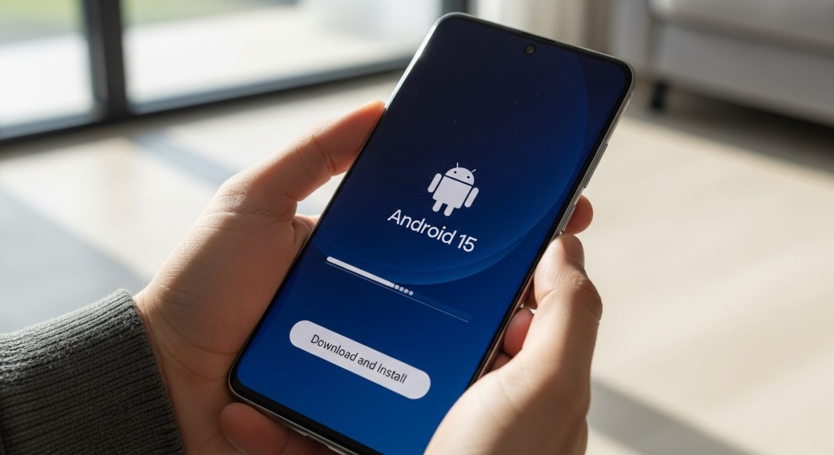 Manos sosteniendo un Samsung Galaxy mostrando Android 15 en pantalla