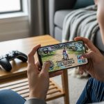 Persona jugando iPhone 11 horizontal con logo Apple en sofa