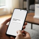 Persona mira dialogo eliminar cuenta Samsung en pantalla del Galaxy