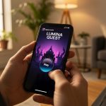 Persona sostiene un iPhone mostrando Lumina Quest Play Apple Arcade