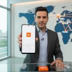 Presentador muestra teléfono Xiaomi con Mi Home y logo Mi