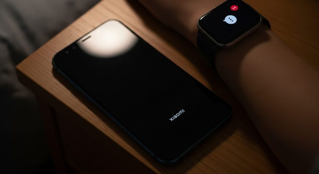 Smartphone Xiaomi negro en mesita junto a brazo con smartwatch iluminado